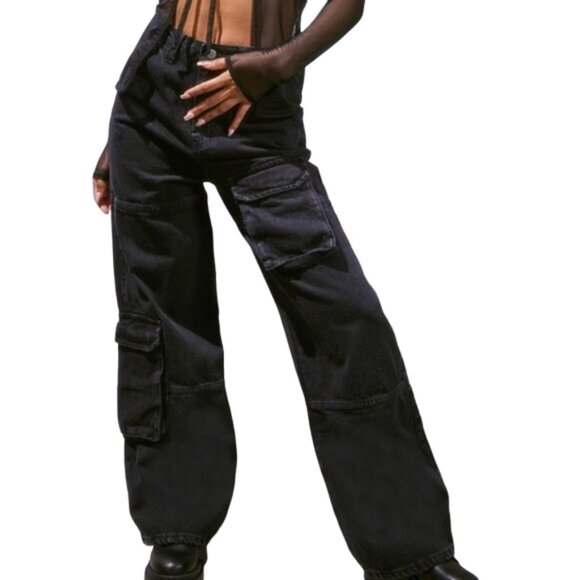 PrettyLittleThing Denim - PrettyLittleThing Tall Wide Leg Black Denim Style Cargo Pants, Size 12 (Tall)